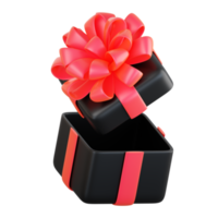 Realistic black gift box with red ribbon bow. Concept of abstract holiday, birthday, Christmas or Black Friday present or surprise. 3d high quality isolated render png