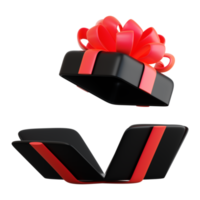 coffret cadeau noir réaliste avec noeud de ruban rouge. concept de vacances abstraites, anniversaire, noël ou vendredi noir cadeau ou surprise. Rendu isolé 3D de haute qualité png