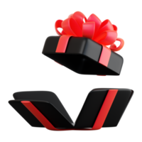 Realistic black gift box with red ribbon bow. Concept of abstract holiday, birthday, Christmas or Black Friday present or surprise. 3d high quality isolated render png