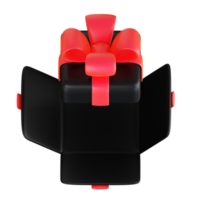 Realistic black gift box with red ribbon bow. Concept of abstract holiday, birthday, Christmas or Black Friday present or surprise. 3d high quality isolated render png