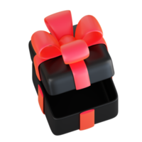 Realistic black gift box with red ribbon bow. Concept of abstract holiday, birthday, Christmas or Black Friday present or surprise. 3d high quality isolated render png