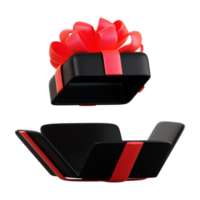 Realistic black gift box with red ribbon bow. Concept of abstract holiday, birthday, Christmas or Black Friday present or surprise. 3d high quality isolated render png