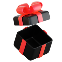 Realistic black gift box with red ribbon bow. Concept of abstract holiday, birthday, Christmas or Black Friday present or surprise. 3d high quality isolated render png