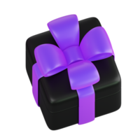 Realistic black gift box with violet or purple ribbon bow. Concept of abstract holiday, birthday, Christmas or Black Friday present or surprise. 3d high quality isolated render png