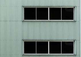Two black window on green building photo
