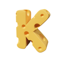 letras de queijo k. renderização de fonte 3d png