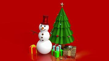 el muñeco de nieve y el árbol de navidad sobre fondo rojo renderizado 3d foto