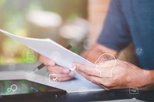 business people evaluation annual project budget, ,business document evaluation process Market Data Report Analysis and consulting, monitoring revenue statement of performance of the company photo