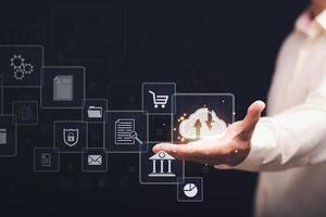 Cloud computing concept, icon in male hand , Digital network data connection technology, modern communication with information technology, innovative online backup. with highly secure protection photo