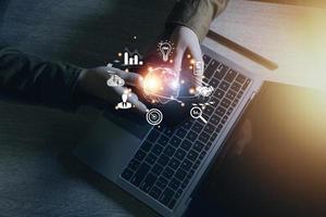 woman Hand holding virtual Global Internet connection metaverse. Business global internet connection application technology and digital marketing, Financial and banking, Digital link tech, big data. photo