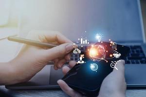 woman Hand holding virtual Global Internet connection metaverse. Business global internet connection application technology and digital marketing, Financial and banking, Digital link tech, big data. photo