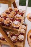 pastelitos gourmet con glaseado de crema de mantequilla blanca y chispas sobre fondo de madera foto