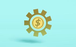 gear with gold money coin isolated on blue background. loan approval, business banking, investment concept, 3d illustration, 3d render photo