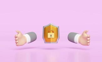 businessman hands protecting shield isolated on pink background. Internet security or privacy protection or ransomware protect concept, 3d illustration, 3d render photo