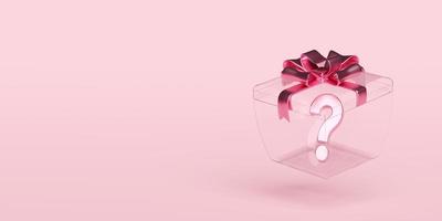 3d transparent gift box with question mark symbol icon isolated on pink background. FAQ or frequently asked questions, minimal concept, 3d render illustration photo