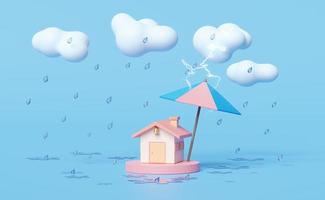 stage podium empty with house, umbrella, cloud, drop rain water, thunder isolated on blue background. protection and security concept, 3d illustration or 3d render photo