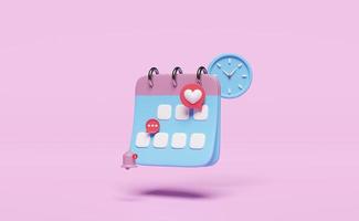 Calendario 3d con reloj, iconos de burbujas de chat, fecha marcada, campana de notificación aislada en fondo rosa. programar cita concepto, 3d renderizar ilustración foto