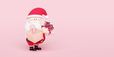 Santa claus hands holding open gift box, question mark symbol icon isolated on pink background. website, poster, happiness cards, festive New Year concept, 3d illustration or 3d render photo