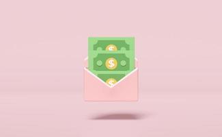 3d banknote with flying open envelope isolated on pink background. cashback, saving money wealth salary concept, 3d render illustration photo