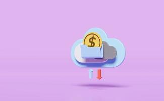 cloud folder with arrow, money coin isolated on purple background. cloud storage download, upload, data transfering, datacenter connection network concept, 3d illustration, 3d render photo