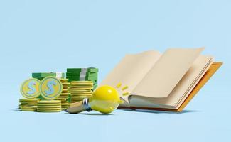yellow light bulb with money banknote, coins stacks, pencil, open book isolated on blue background. idea tip education, knowledge creates ideas concept, 3d illustration, 3d render photo