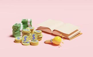 yellow light bulb with money banknote, coins stacks, pencil, open book isolated on pink background. idea tip education, knowledge creates ideas concept, 3d illustration, 3d render photo