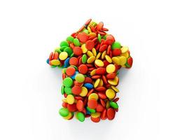 Pointer Up arrow of chocolate candy with colored glaze on a White background 3d illustration photo