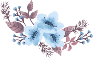 belo arranjo de flores azuis e ilustração em aquarela de folhas marrons png