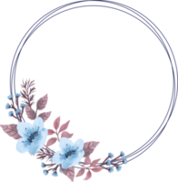 linda coroa de flores com flores azuis e ilustração em aquarela de folhas marrons