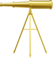 Telescope gold metal, side view. 3d rendering. PNG icon on transparent background.