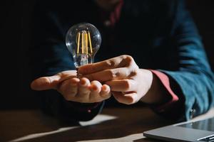 Businessman touching a bright light bulb. Concept of Ideas for presenting new ideas Great inspiration and innovation new beginning. photo