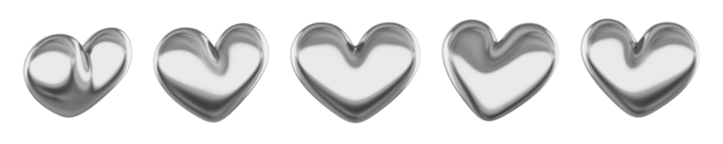 Set of silver stylized hearts. Views from different sides. 3D rendering. Symbol of love, likes, romance. PNG icon on transparent background.