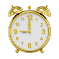 Vintage alarm clock metal gold. 3d rendering. PNG icon on transparent background.