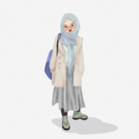 Illustration of muslimah bring backpack standing alone png