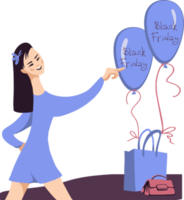 Young lady and shopping bag with balloons labeled Black Friday. png