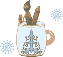 A cup with the image of a winter tree has become a stand for a brush and a pencil and a cat. Snowflakes around. png