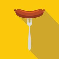 Sausage on fork icon, flat style. vector