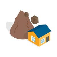 Rockfall destroys house icon, isometric 3d style