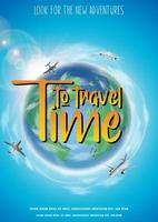 Time to travel banner with green globe and flying planes around. Vertical orientation. vector