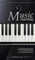 Afiche del festival de música vectorial realista en 3d piano con teclado en blanco y negro. vector