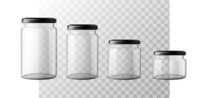 Icono de vector realista 3d. conjunto de frascos de vidrio. botella transparente en diferentes tamaños con tapa de plástico.