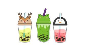 Set kawaii bubble tea with animal faces vector