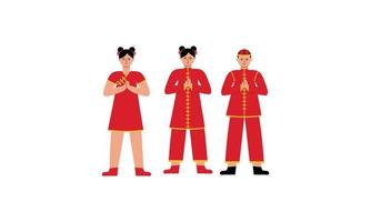 Happy chinese new year card with a kid wearing chinese traditional costumes vector