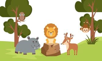 lindos animales de la selva en estilo de dibujos animados, animales salvajes, diseños de zoológicos para ilustración de fondo vector