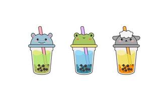 Set kawaii bubble tea with animal faces vector