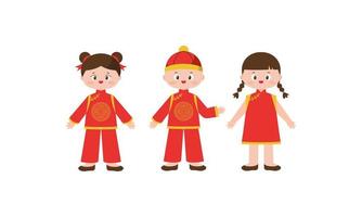 tarjeta de feliz año nuevo chino con un niño vestido con trajes tradicionales chinos vector