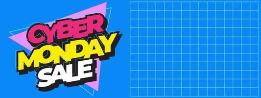 Cyber monday sale banner with 90's retro style vector illustration, background for media promotion web banner and social media post