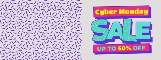 Cyber monday sale banner with 90's retro style vector illustration, background for media promotion web banner and social media post