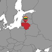 Pin map with Lithuania flag on world map. Vector illustration.