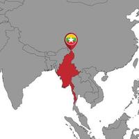 Pin map with Myanmar flag on world map. Vector illustration.
